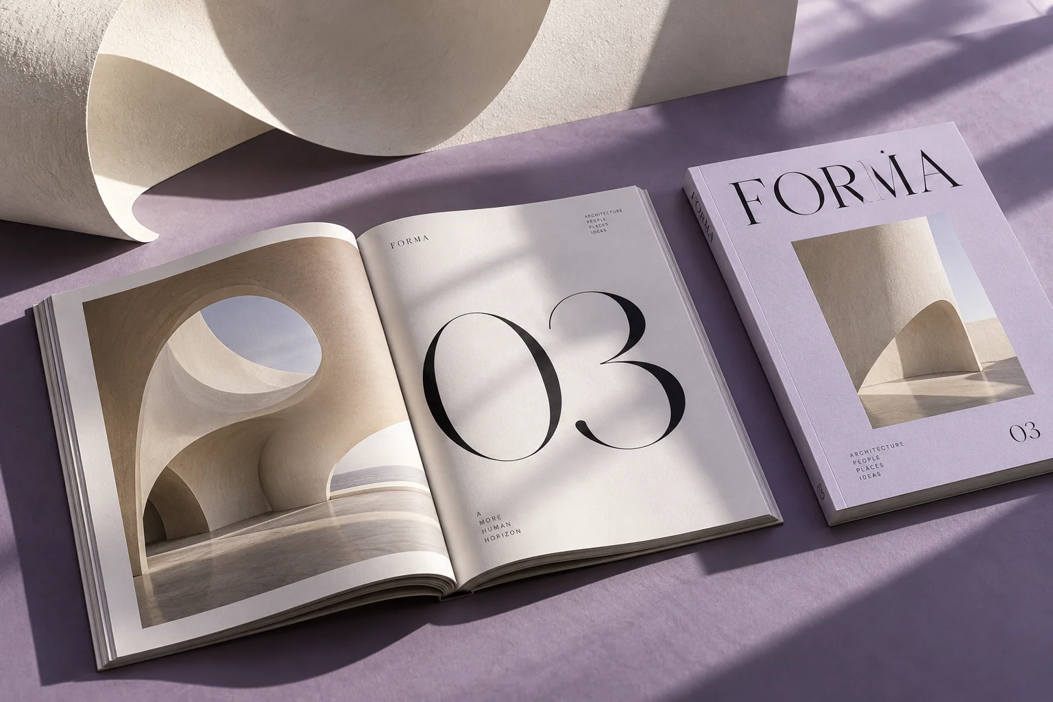 An open Forma architecture publication with generous layouts on a lavender surface
