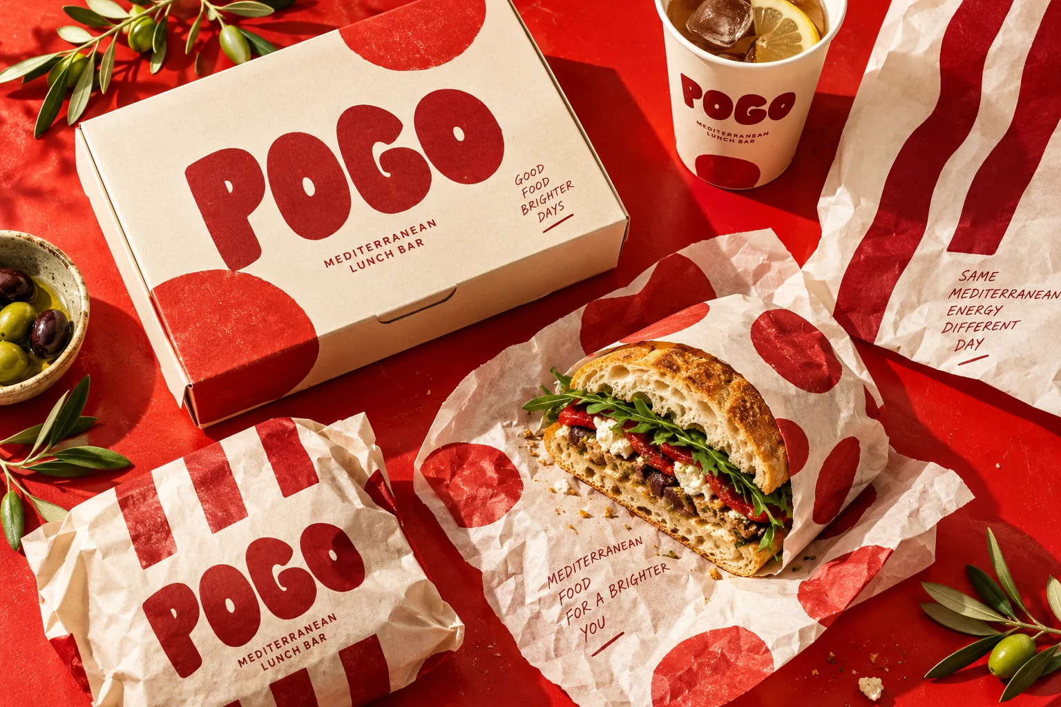 Pogo lunch boxes, a sandwich and cream wrapping paper on a red table