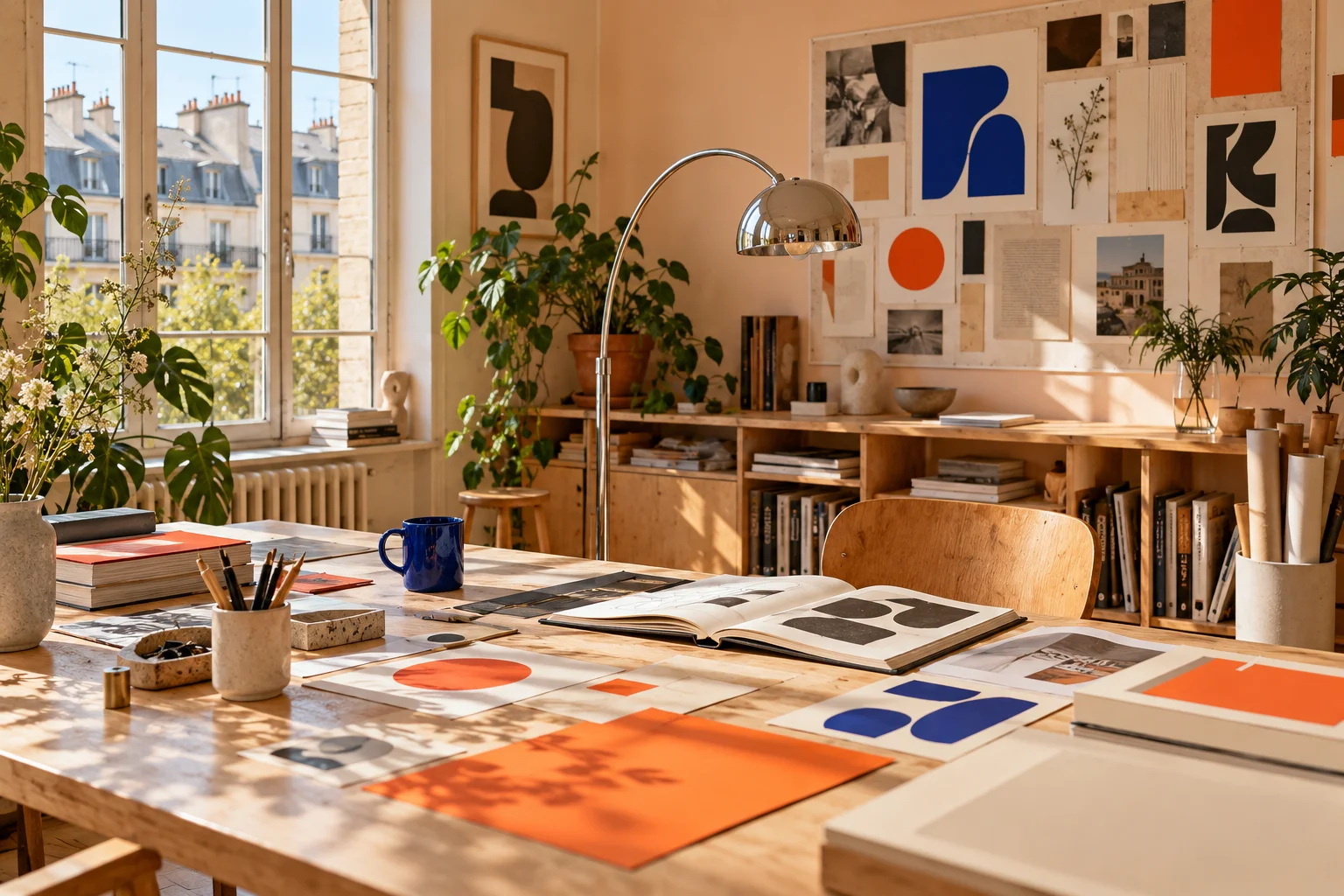 A sunlit creative studio with sketches, books and materials on a work table